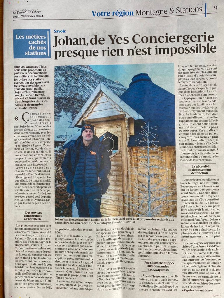 Article du Dauphiné Libéré consacré à Yes Conciergerie, 29 février 2024